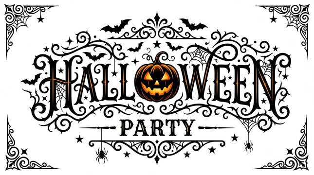 Halloween party invitation with spooky pumpkin and bats