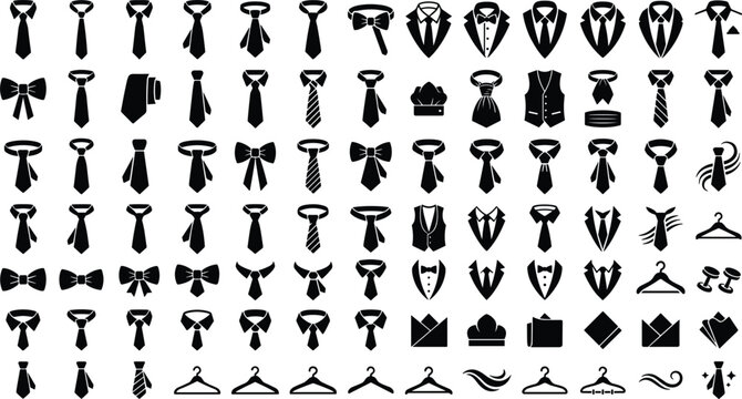 Necktie and bow tie silhouette icon set with suit vest pocket square and hanger gentlemen formal clothing vector