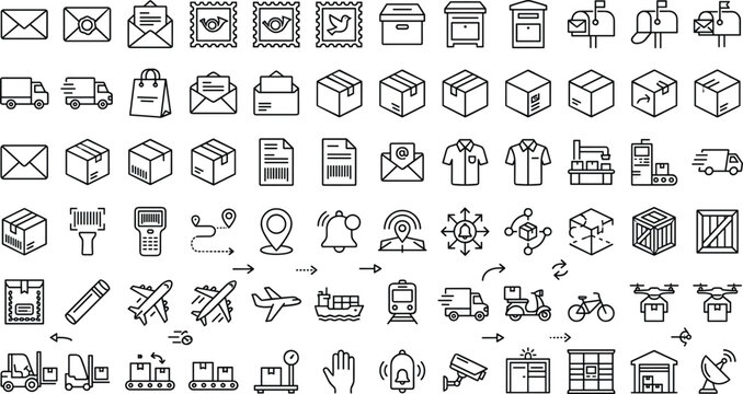 Postal service and logistics line icon set with shipping delivery box mail envelope transport and warehouse vector