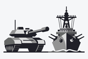 Fototapeta premium Military tank and naval battleship representing land and sea armed forces, powerful warfare machines logo.