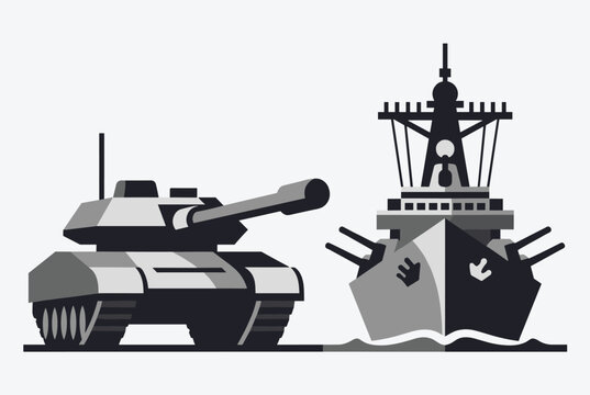 Military tank and naval battleship representing land and sea armed forces, powerful warfare machines logo.
