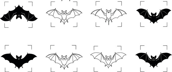 Fototapeta premium Spooky Halloween flying bat vector icon set featuring detailed vampire bat silhouettes and line art outlines for gothic holiday party decoration design