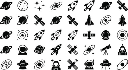 Space exploration icon set with rocket planet satellite astronaut spaceship telescope and UFO silhouette vector graphic illustration. © MdBarat