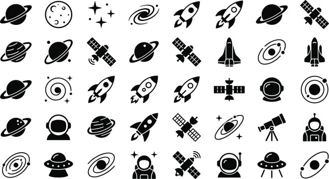 Space exploration icon set with rocket planet satellite astronaut spaceship telescope and UFO silhouette vector graphic illustration.