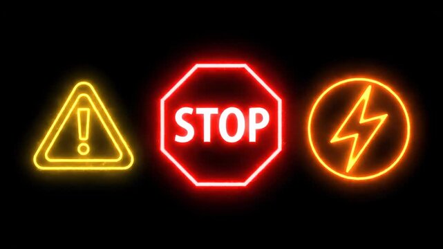 Glowing neon signs of warning and stop appear against a black background. The yellow triangle alerts of hazard, and the red octagon dictates stop