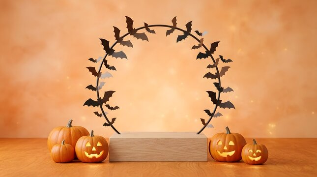 Halloween day product showcase jack o' lanterns bats and orange autumn background