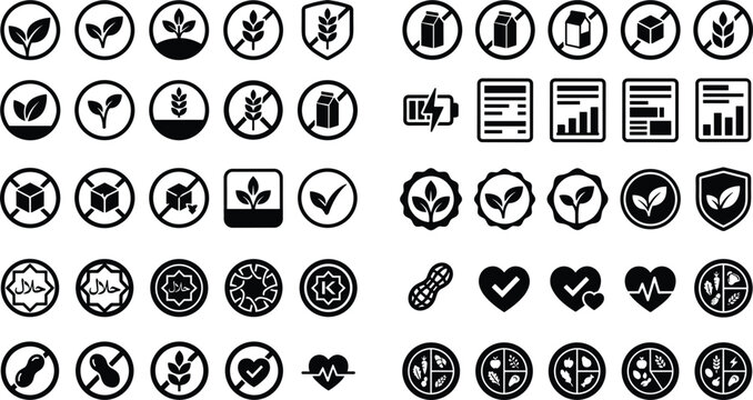 Food packaging label silhouette icon set for organic product allergy allergen warning nutrition certification design vector.