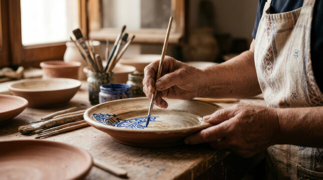 Artist painting a ceramic bowl with a brush in a studio.