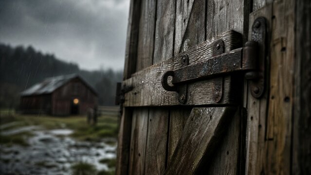 hasp. Weathered barn door with a heavy metal hasp swaying in a rainy atmosphere. real-estate listings, architecture portfolios, designed for architectural facade and classical detail presentations.