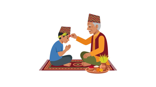 Elderly man applying tika to a young boy's forehead, cultural tradition