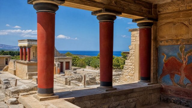 knossos. Ruins of an ancient palace with red columns overlooking the sea. real-estate listings, architecture portfolios, designed for interior renovation comparisons for interiors.