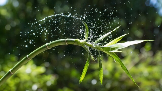 flinging. A flexible bamboo branch recoiling, flinging water droplets into the air. gardening catalogs, home-decor guides, designed for home decor and floral branding, used by procurement managers.