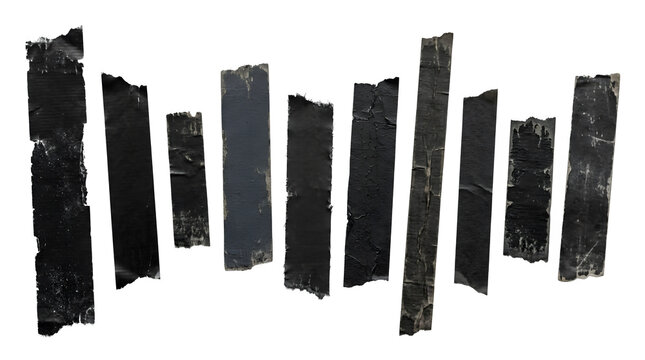 Set of black duct tape strips isolated on transparent background