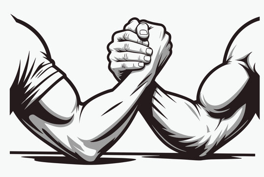 Two highly muscular male arms engaged in an intense arm wrestling match shown in black and white vector art.