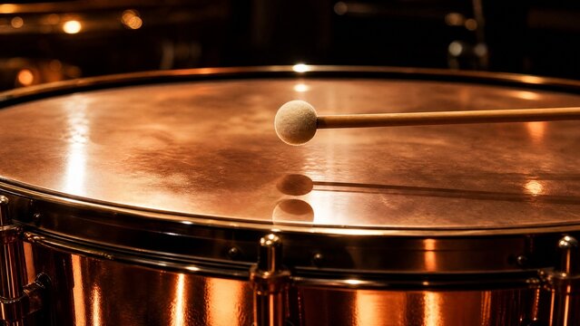 timpani. Close-up of a timpani drumhead with a drumstick poised just above its center. event programs, museum guides, designed for cultural heritage projects and event programs, preserves heritage.