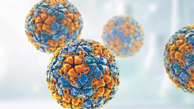 Foot-and-mouth disease virus (FMDV), 3D animation showing viral particles, a highly contagious RNA virus causing severe disease in cloven-hoofed animals like cattle, pigs, sheep, and goats.