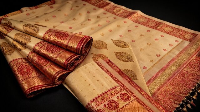 chador. Traditional Assamese silk garment with gold and red patterns on dark background. event programs, museum guides, designed for cultural heritage projects and event programs.