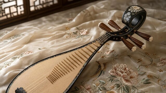 pipa. Exquisite pipa lute resting on embroidered silk fabric with curved headstock. event programs, museum guides, designed for cultural heritage projects and event programs, preserves heritage.
