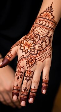 A close-up of a hand adorned with intricate henna designs