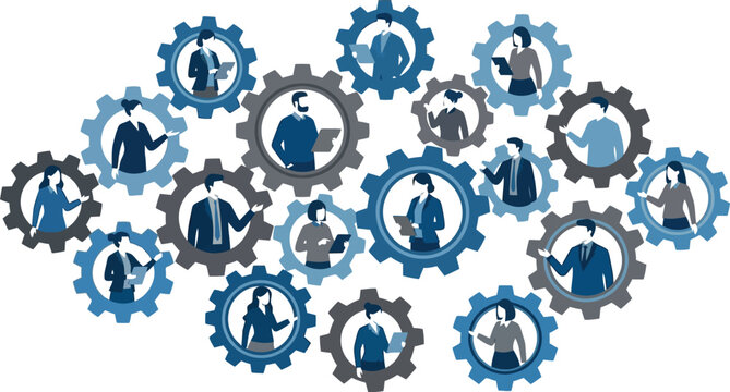 Business people figures inside interlocking gears represent collaborative teamwork and the mechanical synergy of a complex corporate structure.