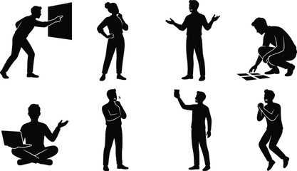 Professional silhouette gestures, workplace communication vector, digital interaction icons, analytical posture illustration, expressive body language design, teamwork silhouettes art © Mahmudul