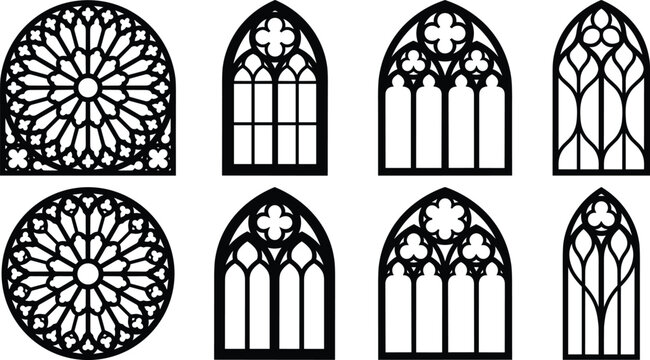 Gothic window silhouettes, rose tracery vector, medieval cathedral icons, pointed arch illustration, quatrefoil outline design, ornamental stained glass silhouettes art