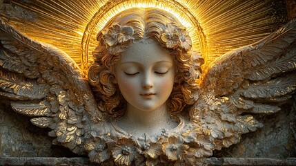 Obraz premium Golden angel statue with glowing halo and floral details in serene expression, spiritual religious art in warm light