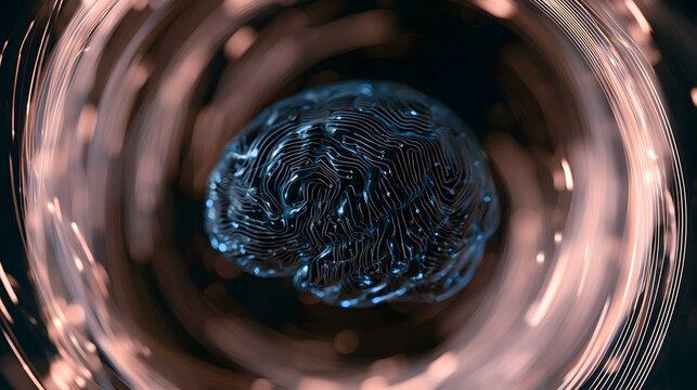 Sleek futuristic visualization of an abstract brain and digital circuits contained within a flowing data vortex
