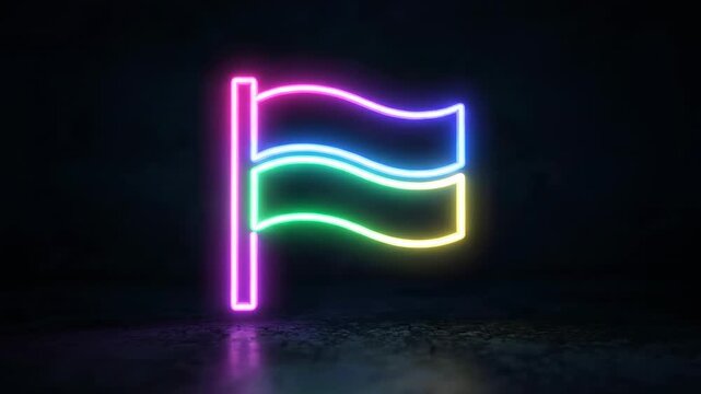 Glowing neon flag sign against dark background, showcasing color gradients