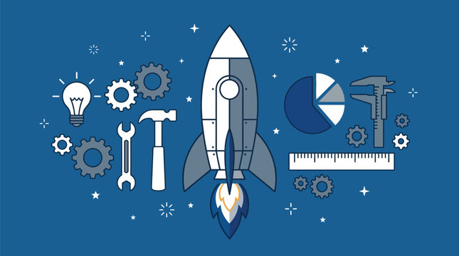 Rocket ship flies through a dark blue sky filled with mechanical engineering tools and data charts to symbolize technological product.