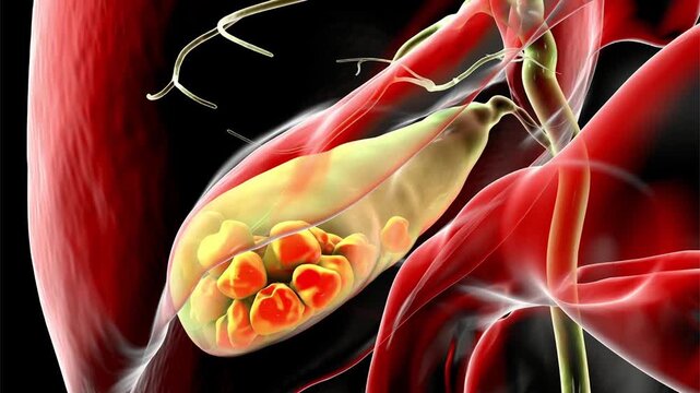 Gallbladder with stones, 3D animation showing cholelithiasis. Gallstones can block bile flow and cause pain, inflammation, or infection requiring medical or surgical treatment.