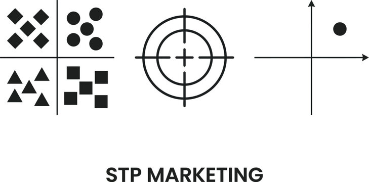 Stp marketing diagrams showcase segments target positioning and audience data with clean black lines on a stark white background for.