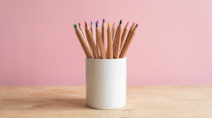 Obraz premium White cylindrical container holding several colored pencils with natural wooden exteriors and sharpened tips of various colors, placed on light wooden surface against solid pink background, visually s