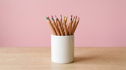 Obraz premium White cylindrical container holding several colored pencils with natural wooden exteriors and sharpened tips of various colors, placed on light wooden surface against solid pink background, visually s