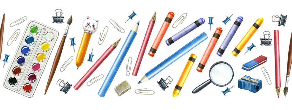 Seamless border with stationery, school supplies, pencil, brush, watercolor paints, pen, eraser, magnifying glass. Hand drawn objects on background. Education Back to School. Wrapping, fabric, decor