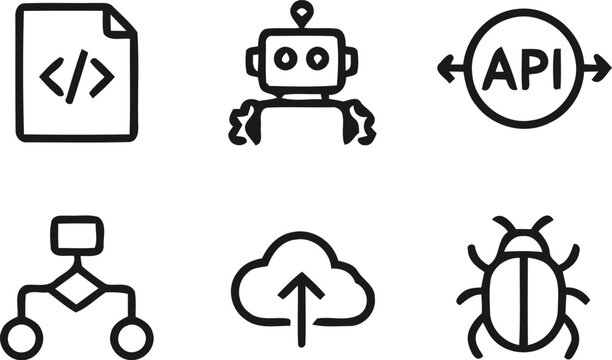 Black line icons of coding, robot, api, flowchart, cloud and bug