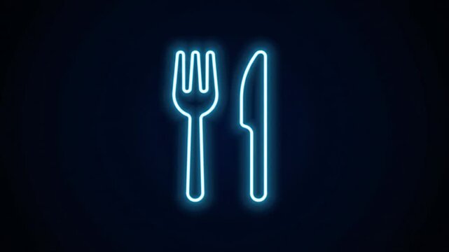 Glowing neon fork and knife icon on dark blue background, dining concept