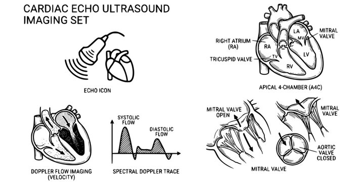 Cardiac Echo Ultrasound Ink Black White-Chamber Valve Doppler Flow-Cardiac Imaging Vector-Echo Icon Ink-Medical Imaging Design Set