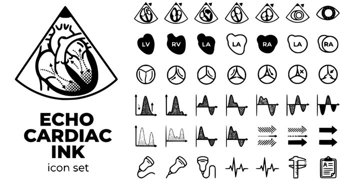 Cardiac Echo Ultrasound Ink Black White-Chamber Valve Doppler Flow-Cardiac Imaging Vector-Echo Icon Ink-Medical Imaging Design Set