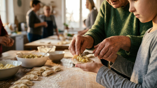 Family members making dumplings together in a kitchen.