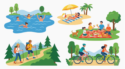 Fototapeta premium A vibrant collage depicting various summer leisure activities. The images showcase people enjoying swimming in a lake, relaxing on a sandy beach under a yellow umbrella. isolated on white background