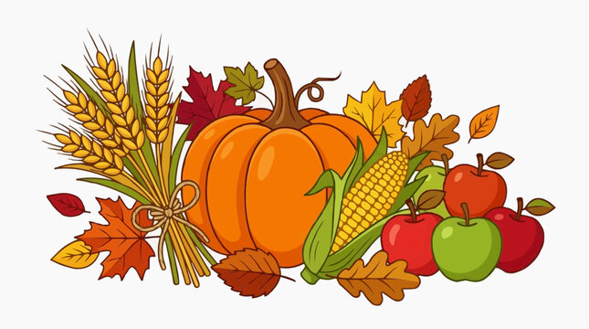 A festive arrangement of autumnal harvest bounty, featuring a prominent pumpkin, ripe apples, corn, wheat stalks, and colorful fall leaves. isolated on white background