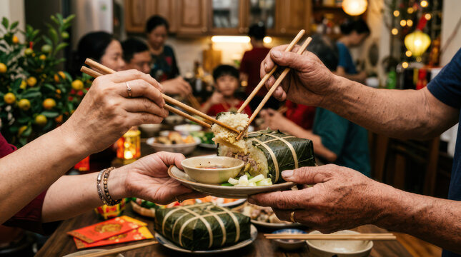 Family sharing food during a festive meal with chopsticks.