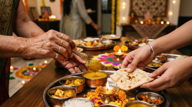 Family sharing traditional Indian food during a festival celebration.