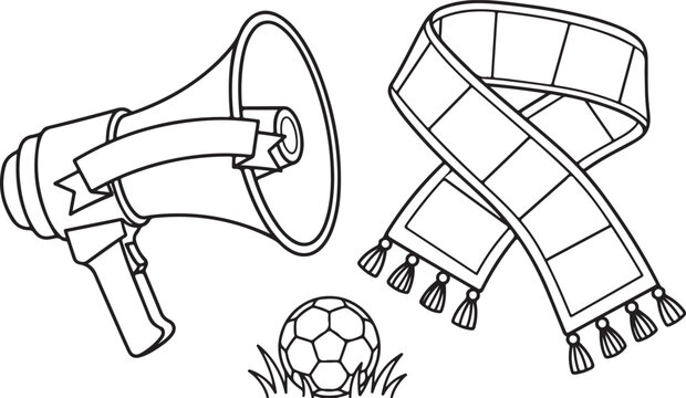 Soccer fanatic coloring page megaphone scarf and ball illustration isolated on transparent background