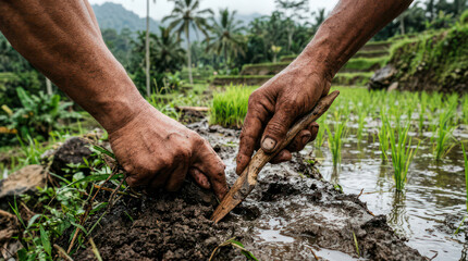 Fototapeta premium Farmers hands planting rice seedlings in muddy paddy field close up.