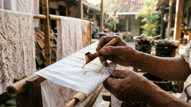 Artisan hands applying wax to fabric for batik textile art.