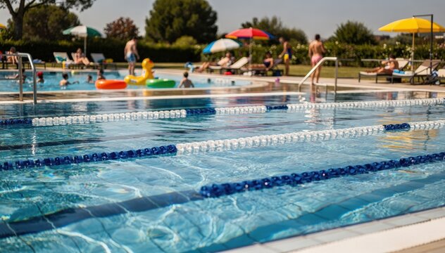 Wide medium shot of outdoor aquatic complex showing detailed lane dividers in focus gently blurred kiddie pool and sunbathing zones reflecting summer vibes.