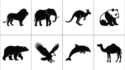 Wild animal silhouette icons featuring lion, elephant, kangaroo, panda, bear, eagle, dolphin, and camel © MstFerdushe