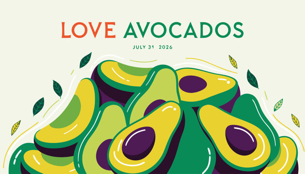Fresh green avocado halves arranged in a colorful flat vector illustration